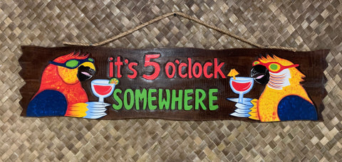 It’s 5 0’clock Somewhere Tiki Bar Sign Tropical Drinking Parrots Wood Carved Bar Decor  39”x 9”