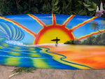Surfer Sunrise Tropical Beach Airbrushed Surfboard Mango Wood Wall Plaque 39"x10"