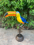 Tropical Blue and Yellow Toucan Wood Carving Statue 20" beak to tail