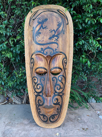 Tribal Primitive Wooden Tiki Mask With Geckos Wall Plaque  42”x 17” inches