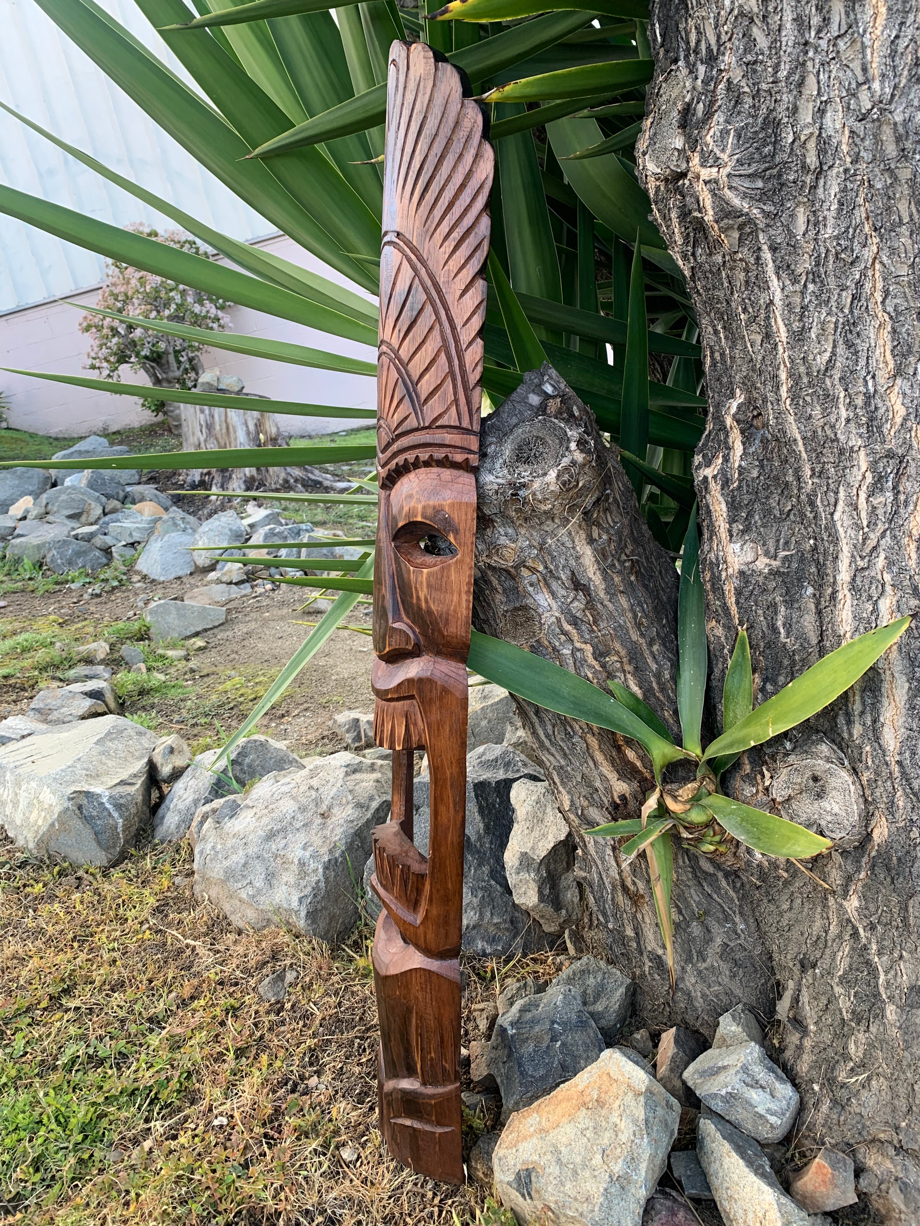 Hand Carved Hawaiian Style Headdress  Tiki Totem Wooden Mask 39