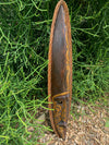 Long wooden carved shield with ornate scrollwork leaning against a dense green plant