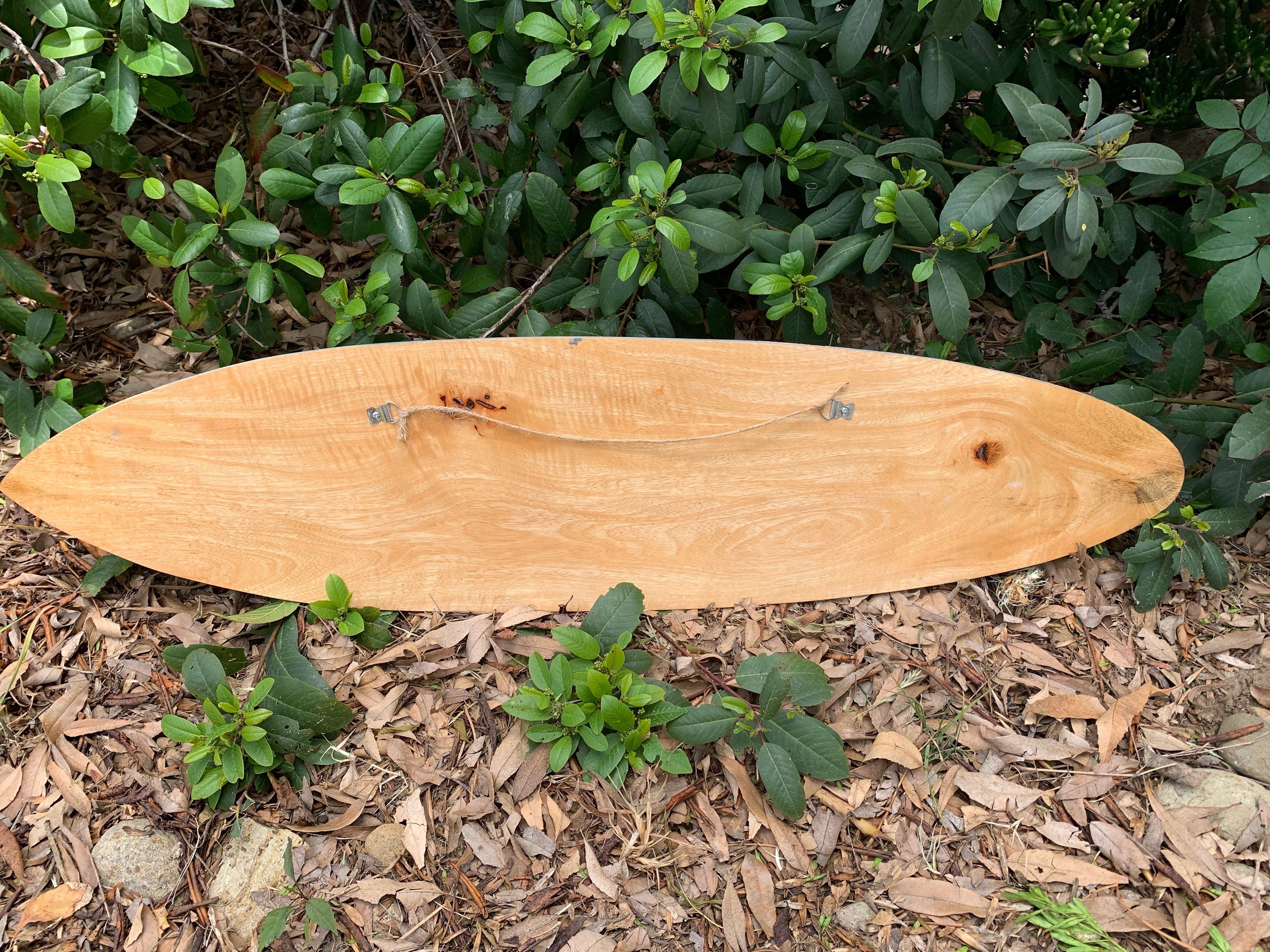 Natural wooden surfboard blank resting on leaf litter with green shrubs in the background
