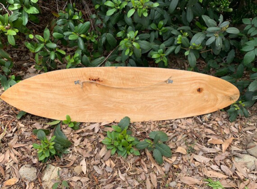 Wooden longboard surfboard resting on mulch beside green shrubs
