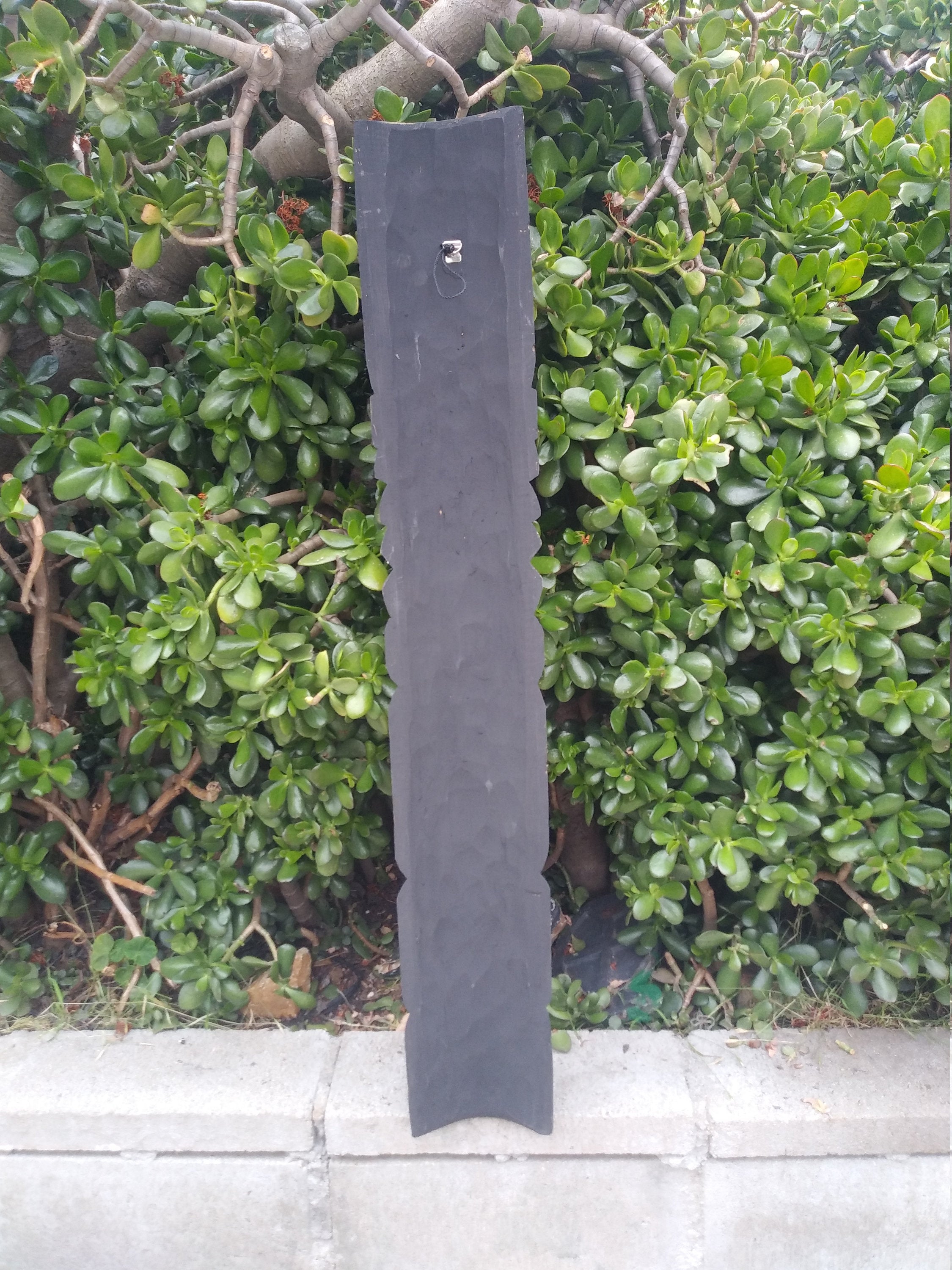 Tall narrow slate board with a metal ring at the top leaning against a green hedge