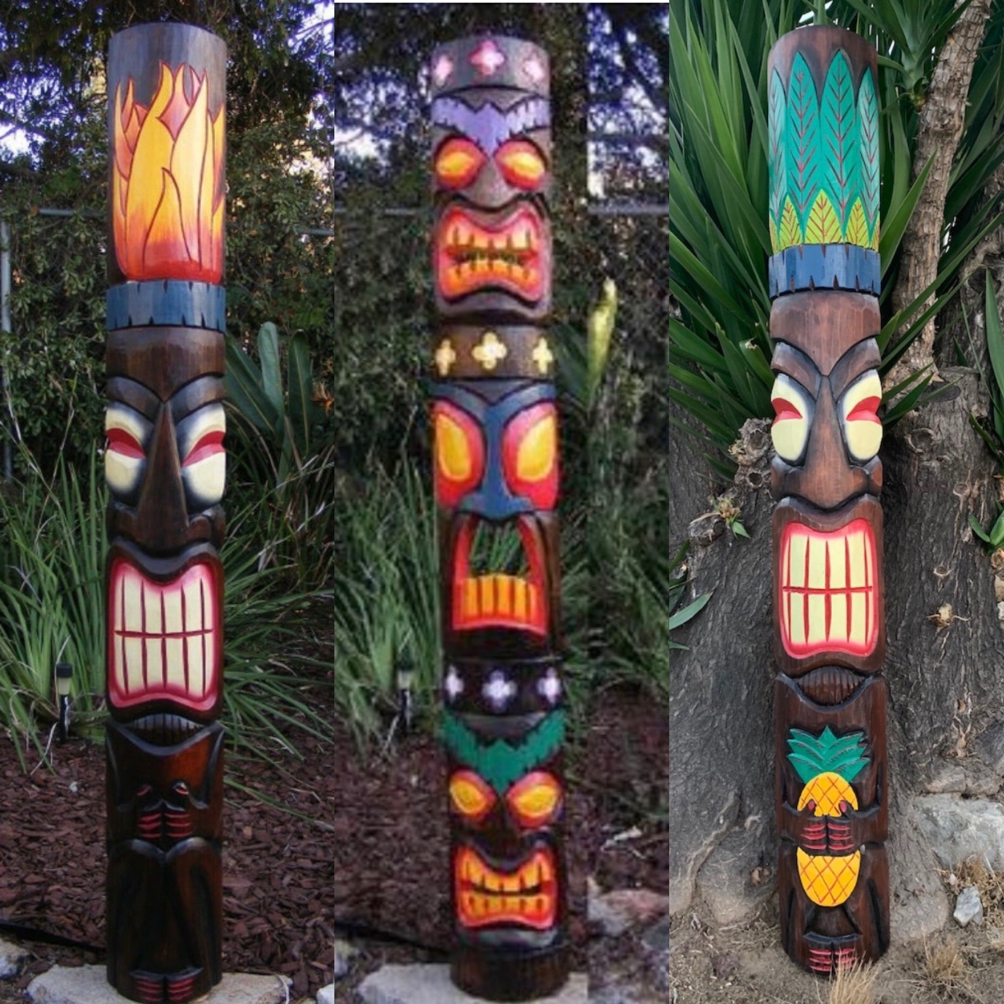 Three carved tiki totem poles with bold colors and fierce faces in a garden