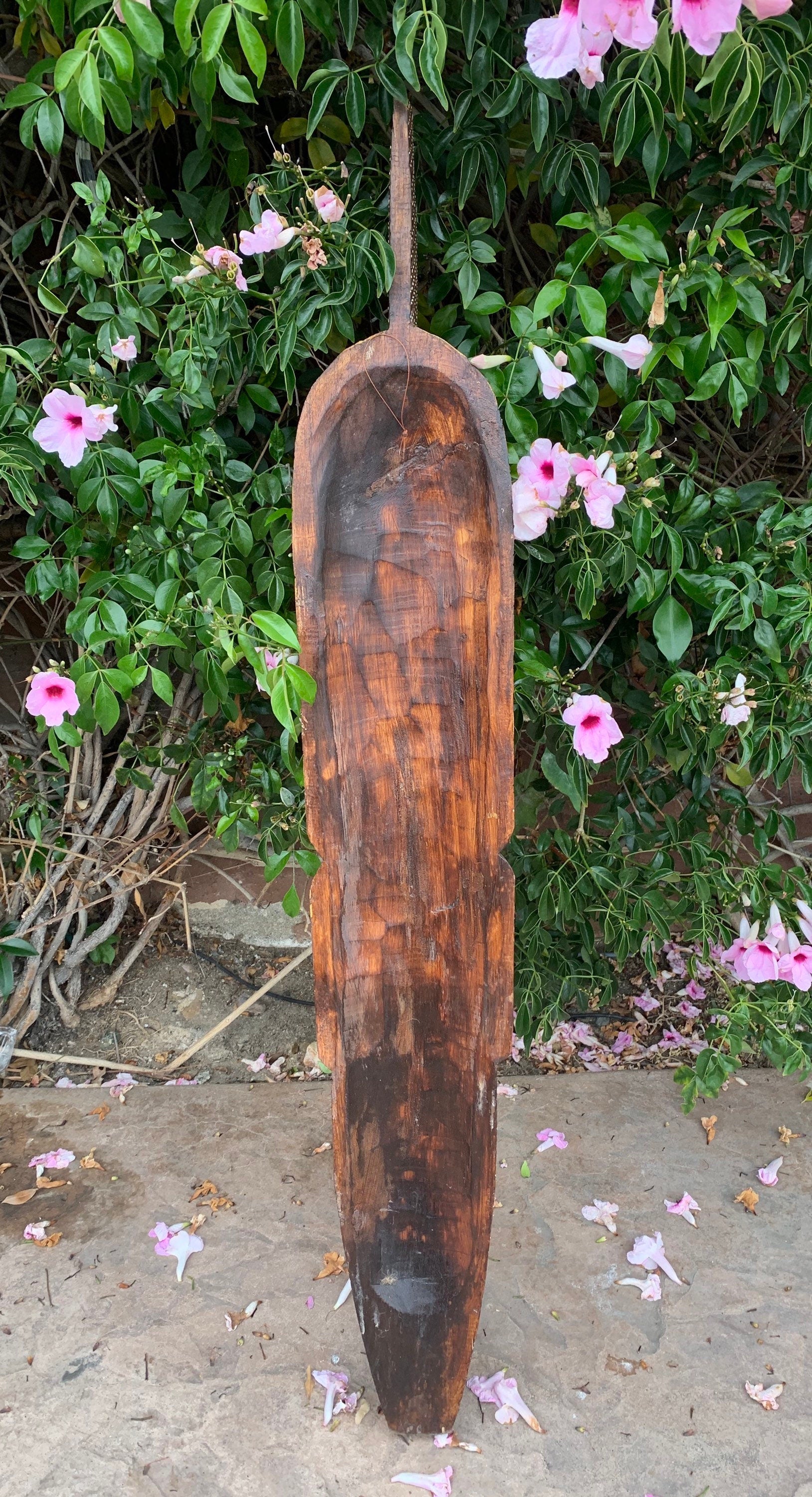 Weathered wooden paddle leaning against a green shrub with pink hibiscus flowers