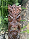 Carved wooden tiki statue with geometric patterns outdoors beside a tree and green leaves.